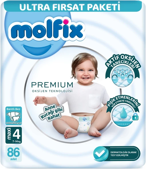 Molfix Premium Bebek Bezi Beden:4 (7-14KG) Maxi 86 Adet Ultra Fırsat Pk + 3 Adet Islak Mendil - 2