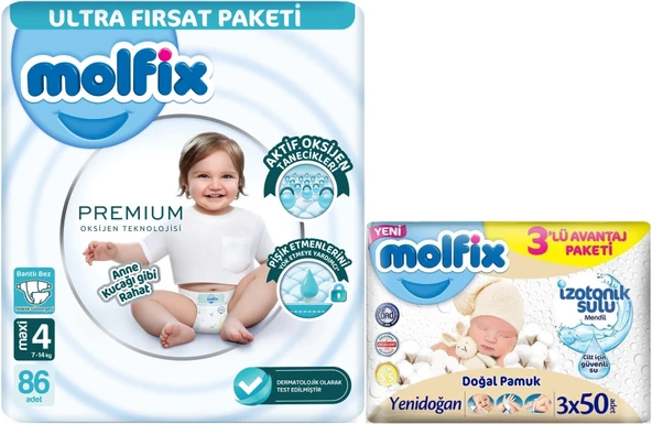 Molfix Premium Bebek Bezi Beden:4 (7-14KG) Maxi 86 Adet Ultra Fırsat Pk + 3 Adet Islak Mendil