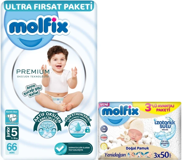 Molfix Premium Bebek Bezi Beden:5 (11-18KG) Junior 66 Adet Ultra Fırsat Pk + 3 Adet Islak Mendil