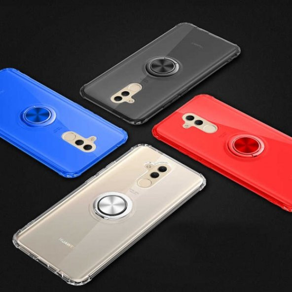 Huawei Mate 20 Lite Kılıf Manyetik Yüzüklü Standlı Transparan Airbag Silikon Kapak - 9