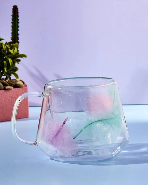PEROTTİ DUBLE FEATHER ÇİFT ÇİDARLI RENKLİ VE TÜY DESEN DETAYLI  BARDAK KUPA 200 ML
