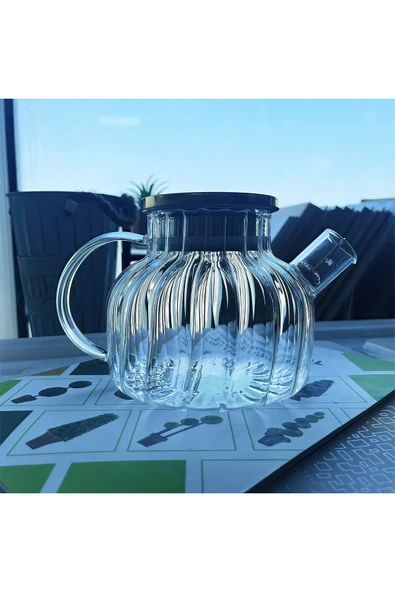 Çelik Kapaklı Borosilikat Dilimli Model Süzgeçli Cam Demlik Bitki Çayları 1000 Ml Royaleks-CM-2001 - 2