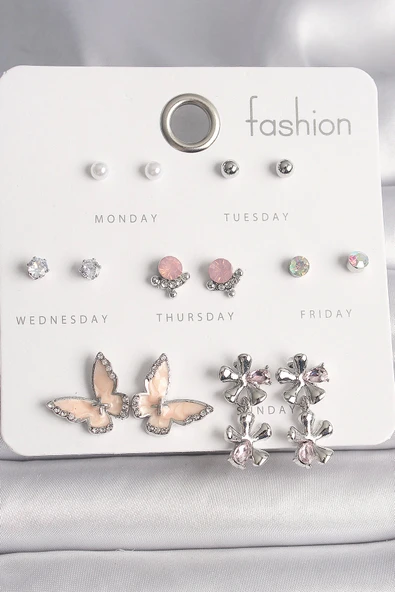 MuI MuI Pirinç Gümüş Renk Zirkon Taşlı Sallantı Çiçek Mineli Kelebek Figür İnci Detay 7 Çift Kadın Küpe Seti