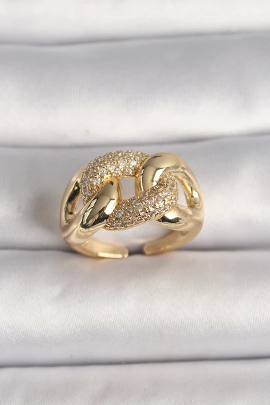 MuI MuI Pirinç Gold Renk Ayarlanabilir Zirkon Taşlı Zincir Model Kadın Yüzük