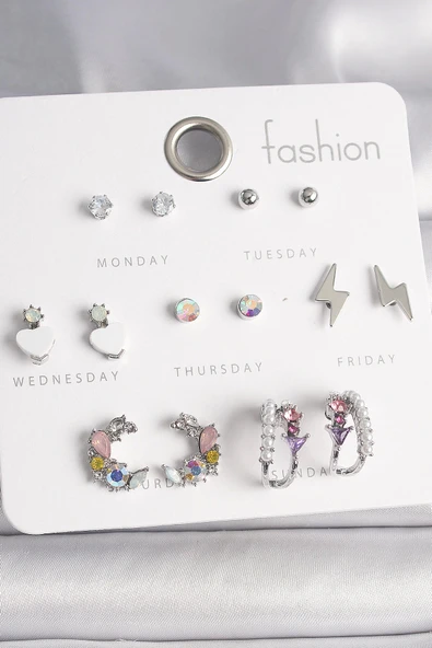 MuI MuI Pirinç Gümüş Renk Zirkon Taşlı İnci Halka Şimşek Detay 7 Çift Kadın Küpe Seti ürün görseli 1