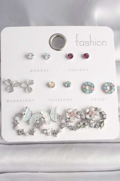 MuI MuI Pirinç Gümüş Renk Zirkon Taşlı Kelbekli Çiçekli Halka Model 7 Çift Kadın Küpe Seti