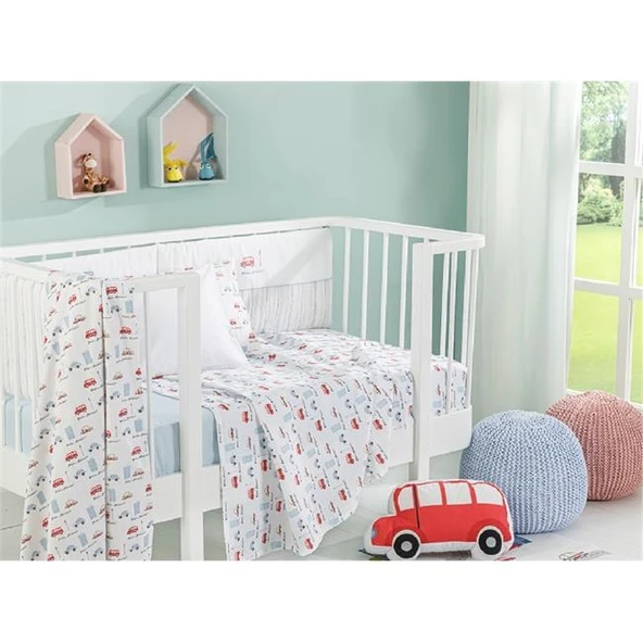 English Home Mini Cars Pamuklu Bebek Nevresim Takımı Lastik Çarşaflı 100x150 Cm Mavi - 10