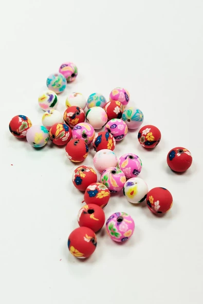 30 Adet 10 mm Polimer Kil Fimo Boncuk Takı Bileklik + 1 Metre Lastikli Misina Hediye - Desenli Yuvarlak - 2