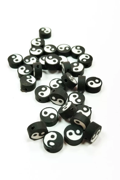 90 Adet 10 mm Polimer Kil Fimo Boncuk Takı Bileklik + 5 Metre Lastikli Misina Hediye - Yin Yang - 2