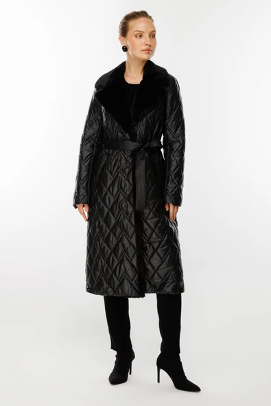 Ekol Minimalist Kapitone Midi Kemerli Kadın Kışlık Manto