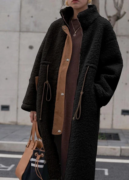 Beli Bağcıklı Kadın Fermuarlı Peluş Ceket - 3