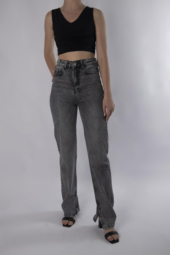 HerTon Yüksek Belli Straight Kalıp Paça Yırtmaçlı Vinatge Denim kot Pantolon 907 - 1