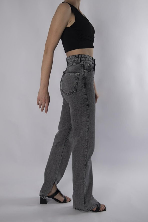 HerTon Yüksek Belli Straight Kalıp Paça Yırtmaçlı Vinatge Denim kot Pantolon 907 - 3