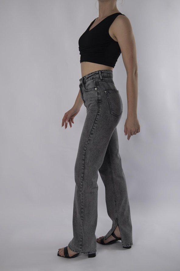 HerTon Yüksek Belli Straight Kalıp Paça Yırtmaçlı Vinatge Denim kot Pantolon 907 - 5