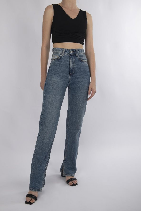 HerTon Yüksek Belli Straight Kalıp Paça Yırtmaçlı Vinatge Denim kot Pantolon 907 - 7