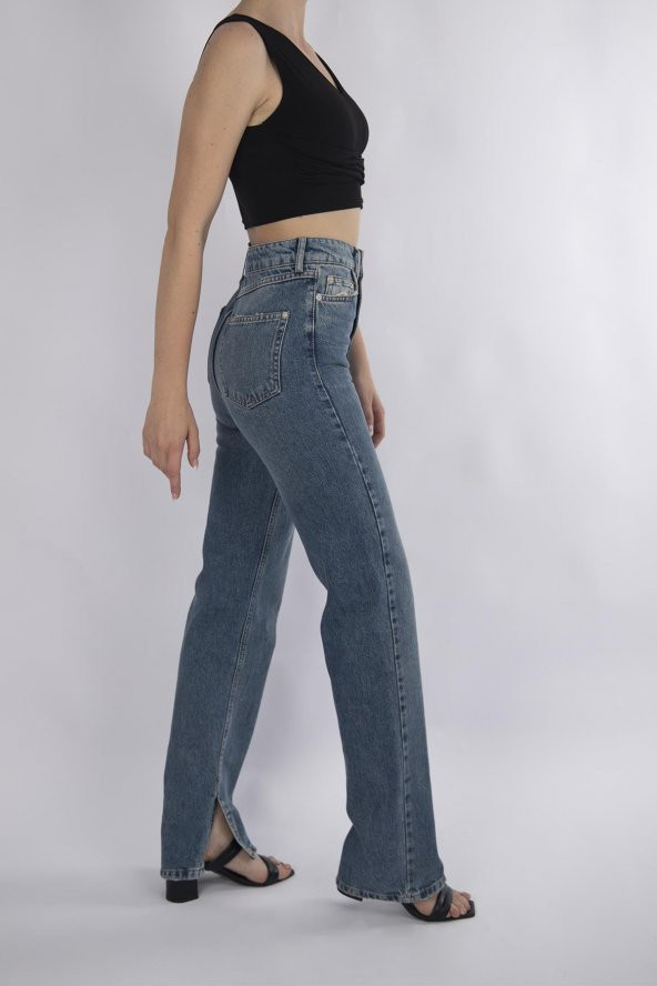 HerTon Yüksek Belli Straight Kalıp Paça Yırtmaçlı Vinatge Denim kot Pantolon 907 - 8