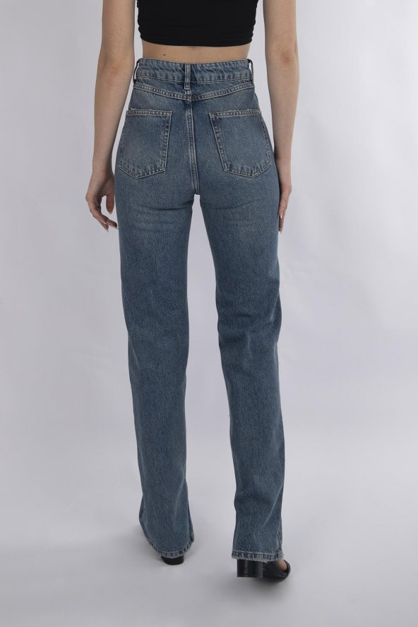 HerTon Yüksek Belli Straight Kalıp Paça Yırtmaçlı Vinatge Denim kot Pantolon 907 - 9