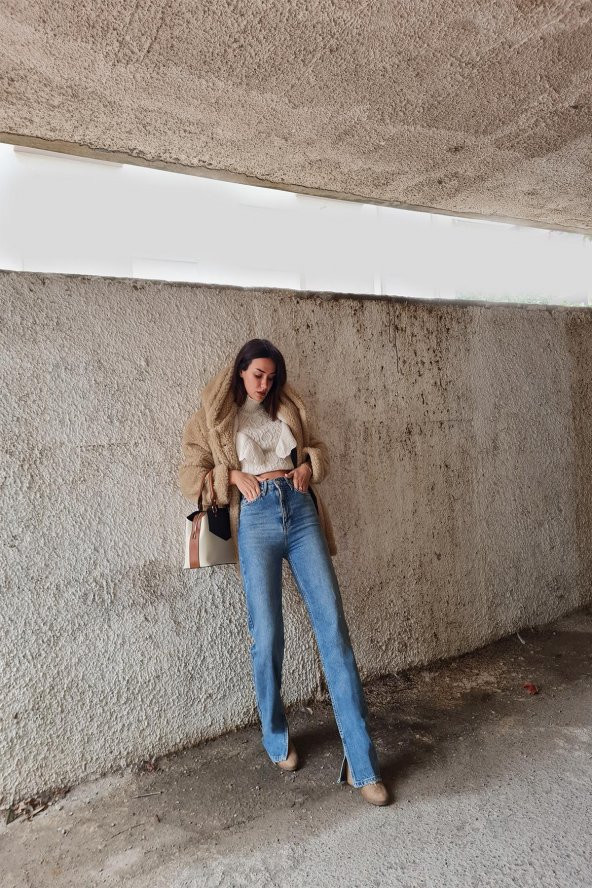 HerTon Yüksek Belli Straight Kalıp Paça Yırtmaçlı Vinatge Denim kot Pantolon 907 - 12