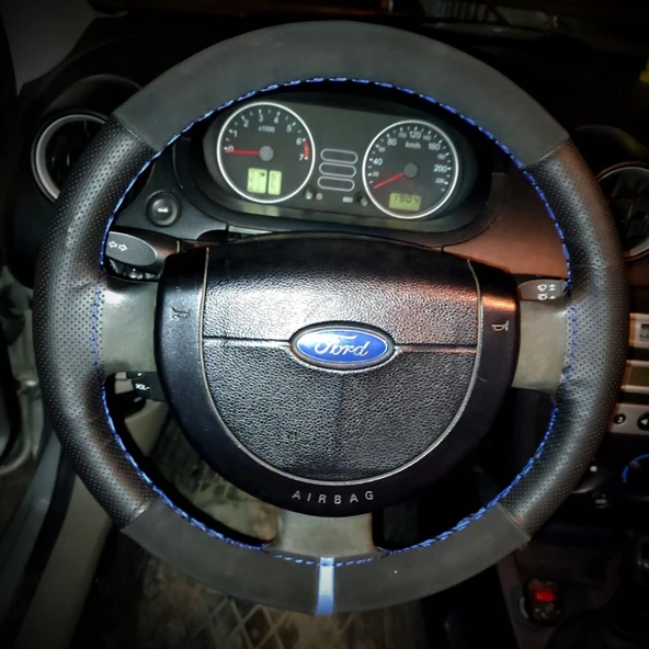 DİKİŞLİ DİREKSİYON KILIFI NUBUK DERİ NOKTALI DERİ MAVİ YÜZÜK / DİKİŞ FORD CONNECT İÇİN - 1