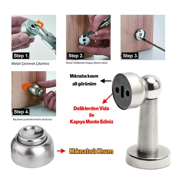 Mıknatıslı Ayaklı Metal Kapı Tutucu Çarpma Önleyici Durdurucu Stoper Vidalı Tampon Krom 4 Adet - 2