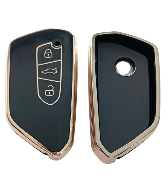 Volkswagen Golf 8 Seat Cupra Skoda Octavia Uyumlu Kumanda Anahtar Kılıfı Oto Anahtarlık Siyah Gold - 2