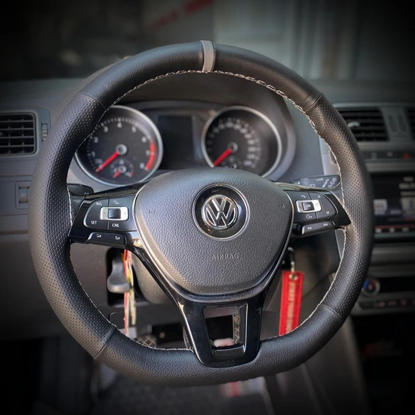DİKİŞLİ DİREKSİYON KILIFI İTHAL SİYAH DERİ NOKTALI DERİ GRİ YÜZÜK GRİ DİKİŞLİ VW POLO İÇİN - 1