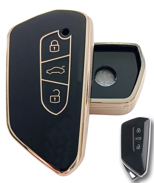 Volkswagen Golf 8 Seat Cupra Skoda Octavia Uyumlu Kumanda Anahtar Kılıfı Oto Anahtarlık Siyah Gold ürün görseli 1