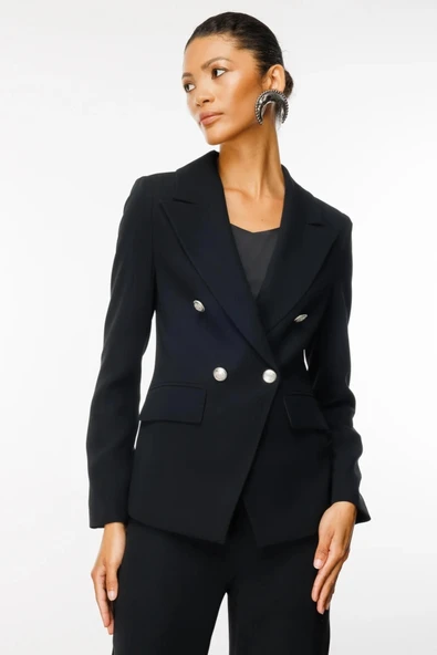 Ekol Minimalist Çift Düğmeli Uzun Kollu Kadın Blazer Ceket - İş & Günlük