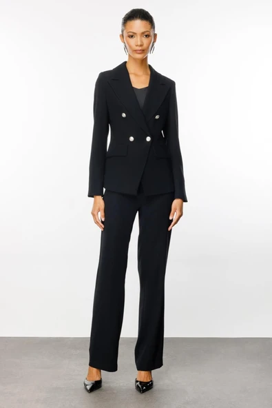 Ekol Minimalist Çift Düğmeli Uzun Kollu Kadın Blazer Ceket - İş & Günlük - 2