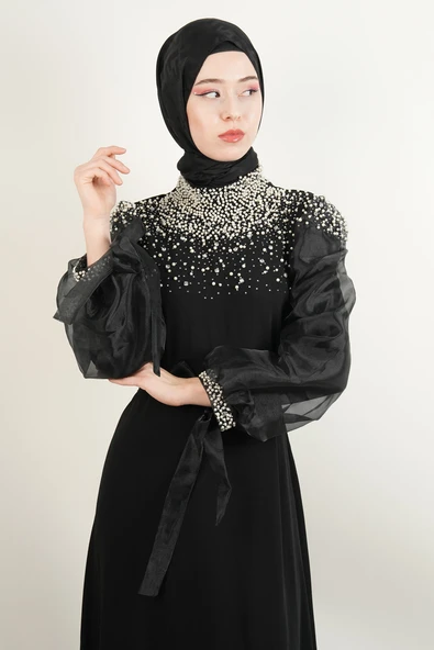 Yeni Çıkan Abiye Model İnci Detaylı Kol Tül Krep Abiye Siyah - 4