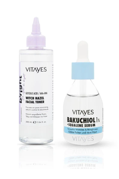 VITAYES Retinol Alternatifi Doğal Bakuchiol/squalene Cilt Serumu Ile Cadı Fındığı Yüz Toniği Cilt Bakım Seti