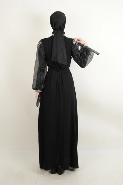 Yeni Çıkan Abiye Model İnci Detaylı Kol Tül Krep Abiye Siyah - 3