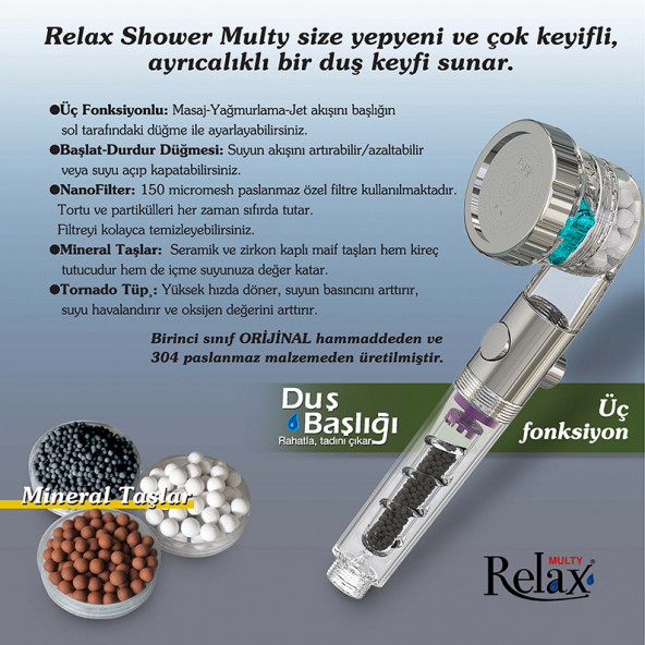 Relax Shower Multy Üç Fonksiyonlu, Açma kapama Ayarlı Tasarruflu Duş Başlığı Hortum ve Askı Aparatı Set - 2
