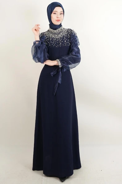 Yeni Çıkan Abiye Model İnci Detaylı Kol Tül Krep Abiye lacivert