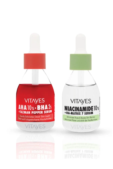 VITAYES Niacinamide %10 Ve Hyalüronik Asit Serumu Aha %10 Bha %2 Kırmızı Peeling Serum Cilt Bakım Seti