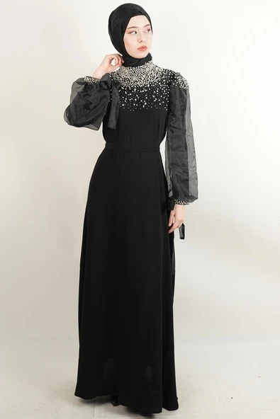 Yeni Çıkan Abiye Model İnci Detaylı Kol Tül Krep Abiye Siyah