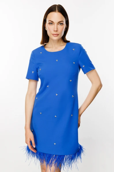 Ekol Minimalist Yuvarlak Yaka Tüy Detaylı Kısa Kol Mini Elbise - Resim 3