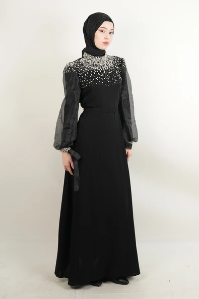 Yeni Çıkan Abiye Model İnci Detaylı Kol Tül Krep Abiye Siyah - 2