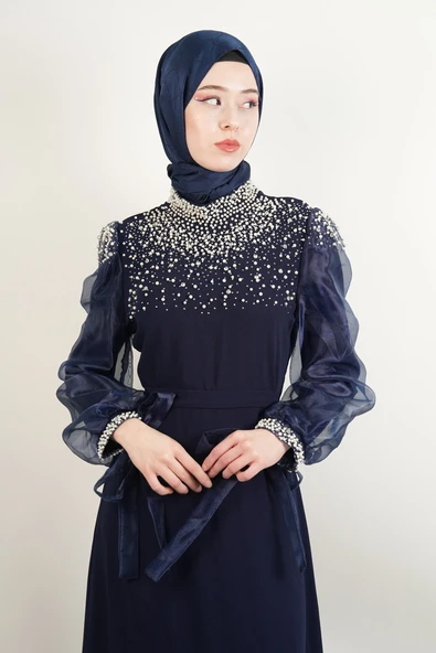 Yeni Çıkan Abiye Model İnci Detaylı Kol Tül Krep Abiye lacivert - 4