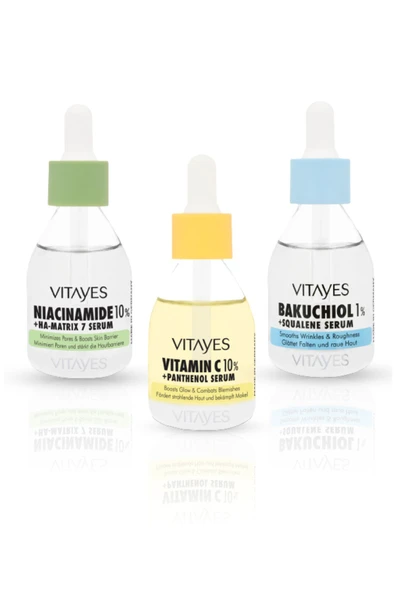 VITAYES Retinol Alternatifi Doğal Bakuchiol %1 Niacinamide %10 C Vitamini %10 Cilt Serumu Ve Bakım Seti