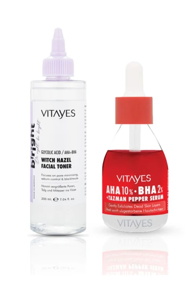 VITAYES Aha %10 Bha %2 Kırmızı Peeling Cilt Serumu Ve Cadı Fındığı Glikolik Asit Yüz Toniği Cilt Bakım Seti