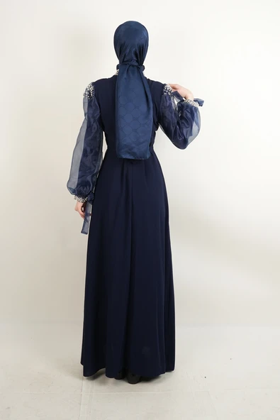 Yeni Çıkan Abiye Model İnci Detaylı Kol Tül Krep Abiye lacivert - 3