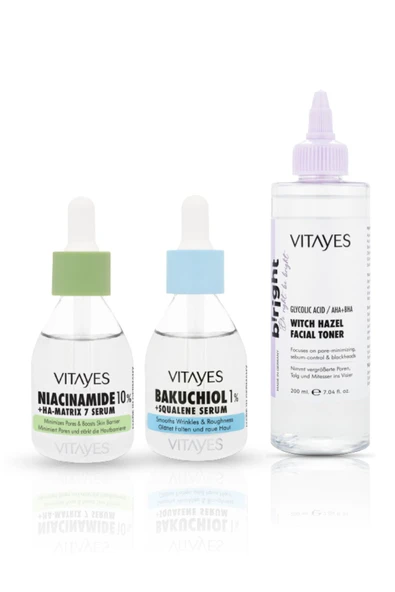 VITAYES Retinol Alternatifi Bakuchiol Serumu, Niacinamide Serumu Cadı Fındığı Tonik Cilt Bakım Seti