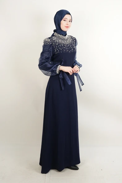 Yeni Çıkan Abiye Model İnci Detaylı Kol Tül Krep Abiye lacivert - 2