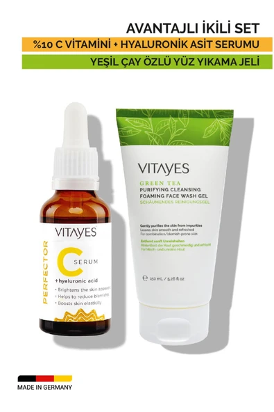 VITAYES C Vitamini Hyalüronik Asit Leke Karşıtı Cilt Serumu & Yeşil Çay Yüz Temizleme Jeli Avantajlı Set