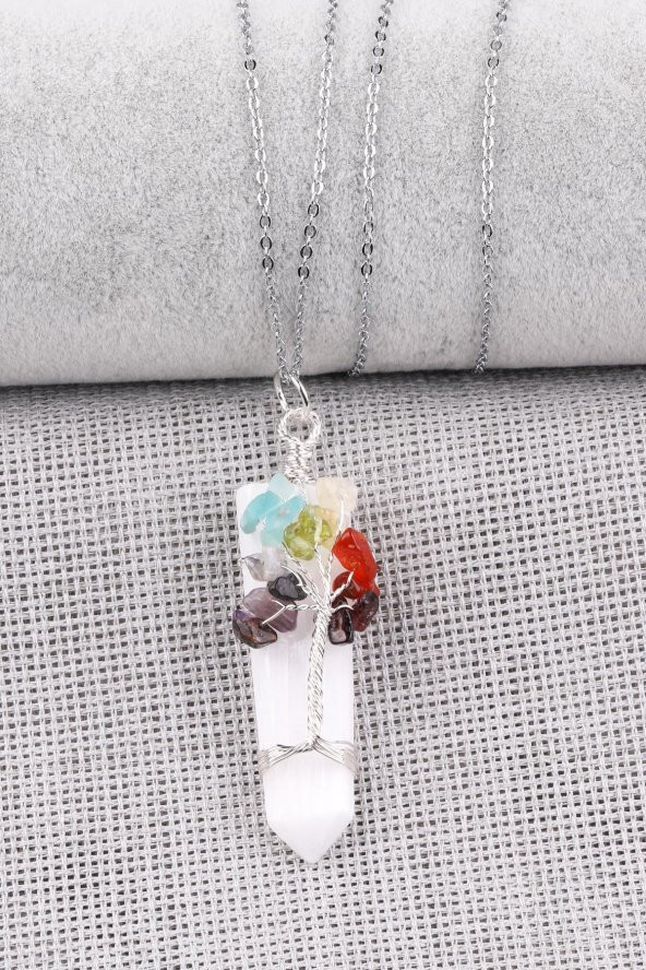 Selenit Doğal Taş Tel Sarmalı Çakra Kolye ürün görseli