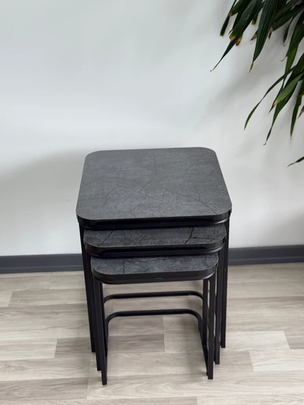 Vera Tekerlekli Zigon Sehpa Takımı Antrasitgri Mermer Desen Salon Oturma Salonu Ofis - 2
