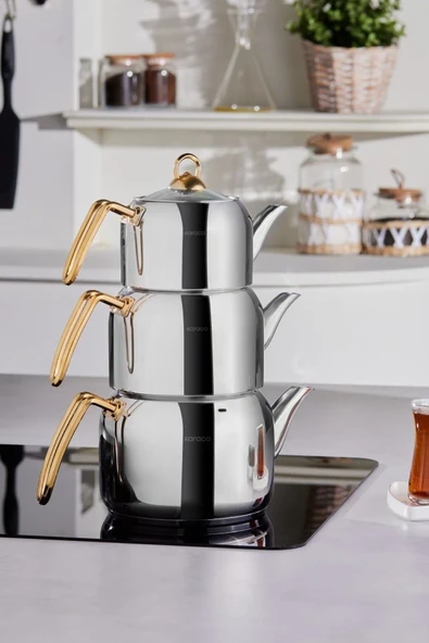 Karaca Altın Tres 3'lü Indüksiyon Tabanlı Çaydanlık Takımı Gold Paslanmaz Çelik - 2