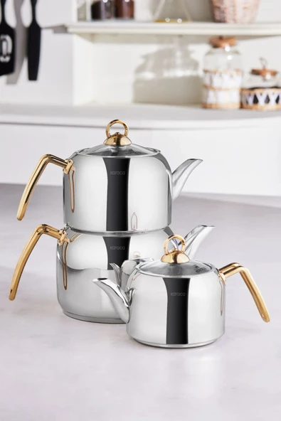 Karaca Altın Tres 3'lü Indüksiyon Tabanlı Çaydanlık Takımı Gold Paslanmaz Çelik - 4