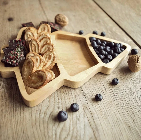 Ahşap Sunumluk Çerezlik Çam Ağaç Şekli Servis Meyve Tabağı Tepsi 3 Bölmeli Kahvaltılık - 4